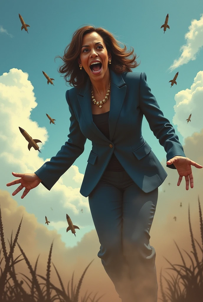 Kamala Harris dropping bombs on a defenseless population from the sky, looking like a Jewish monster 
