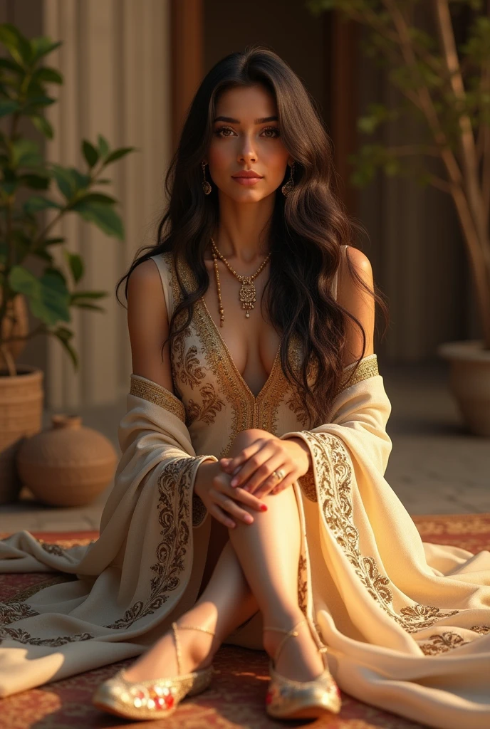 a beautiful elegant lady wearing a traditional khussa, intricate floral embroidered khussa shoes, ornate jewelry, long dark hair, serene expression, natural lighting, cinematic composition, warm color palette, photorealistic, masterpiece, detailed