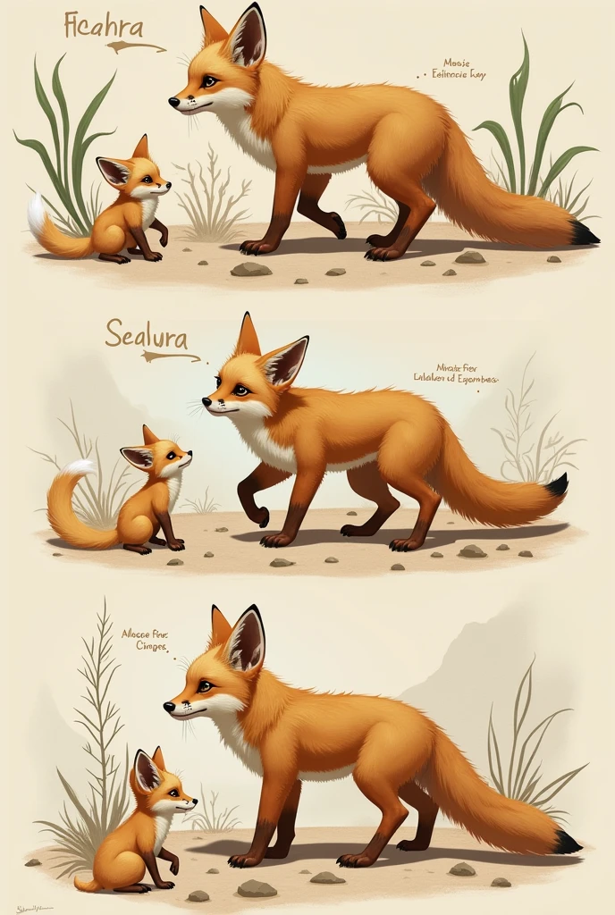 Create an image of the metamorphosis of the Sechura fox, indicating with arrows its process from birth and how it develops until adulthood with images of how it grows, but indicate the name of each process so that the images show its growth process.