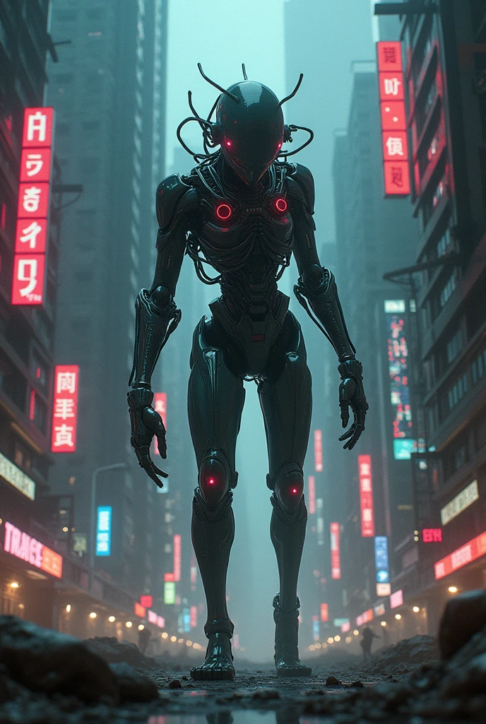 Dark cyberpunk scene with a half robot augmented extraterrestrial life form
