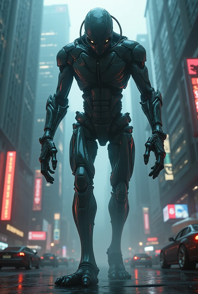 Dark cyberpunk scene with a half robot augmented extraterrestrial life form