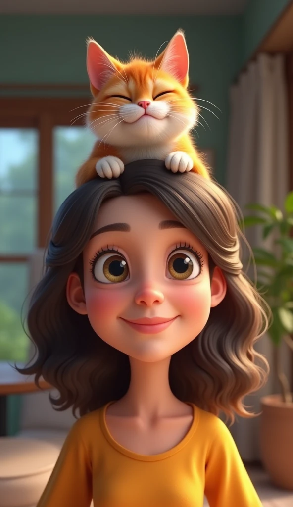 3d、Ultra HD、Front view、Digital Art、A smiling cat is sitting on a woman's head in her house