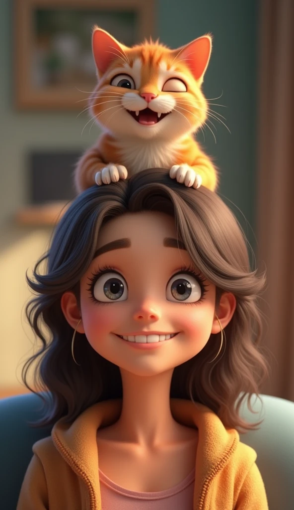 3d、Ultra HD、Front view、Digital Art、A smiling cat is sitting on a woman's head in her house