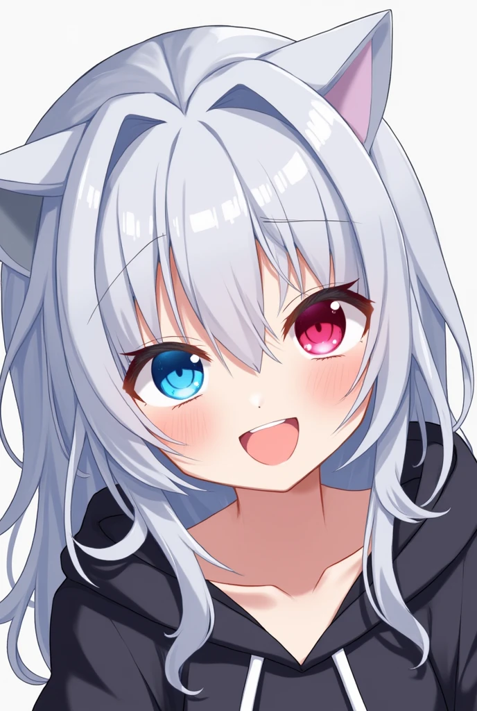 High resolution, Shortcuts, Silver Hair, Odd Eye, Simple Background, Anime Style, blue eyes, Red eyes, Hood worn, Smiling with teeth showing,