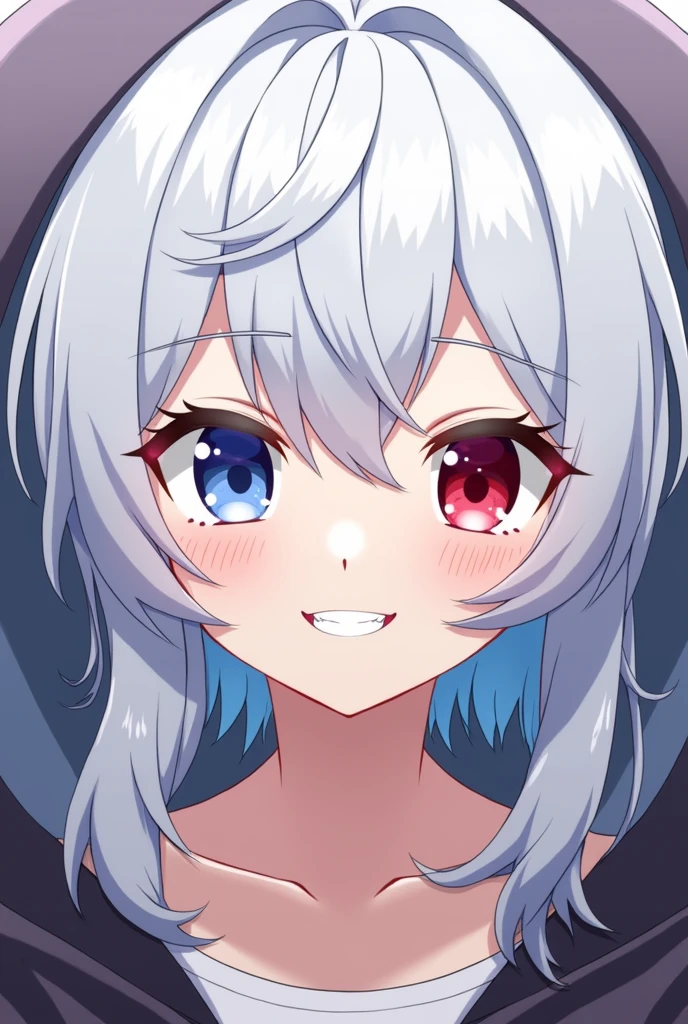 High resolution, Shortcuts, Silver Hair, Odd Eye, Simple Background,  Anime Style, blue eyes, Red eyes, Hood worn, Smiling with teeth showing, 