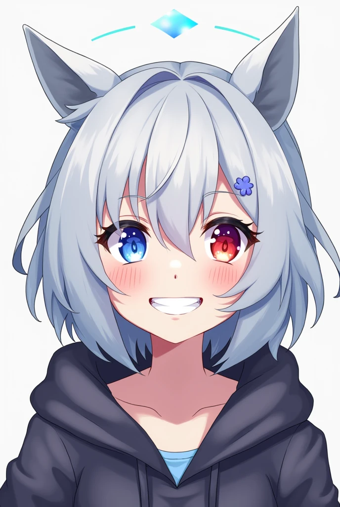 High resolution, Shortcuts, Silver Hair, Odd Eye, Simple Background, Anime Style, blue eyes, Red eyes, Hood worn, Smiling with teeth showing,