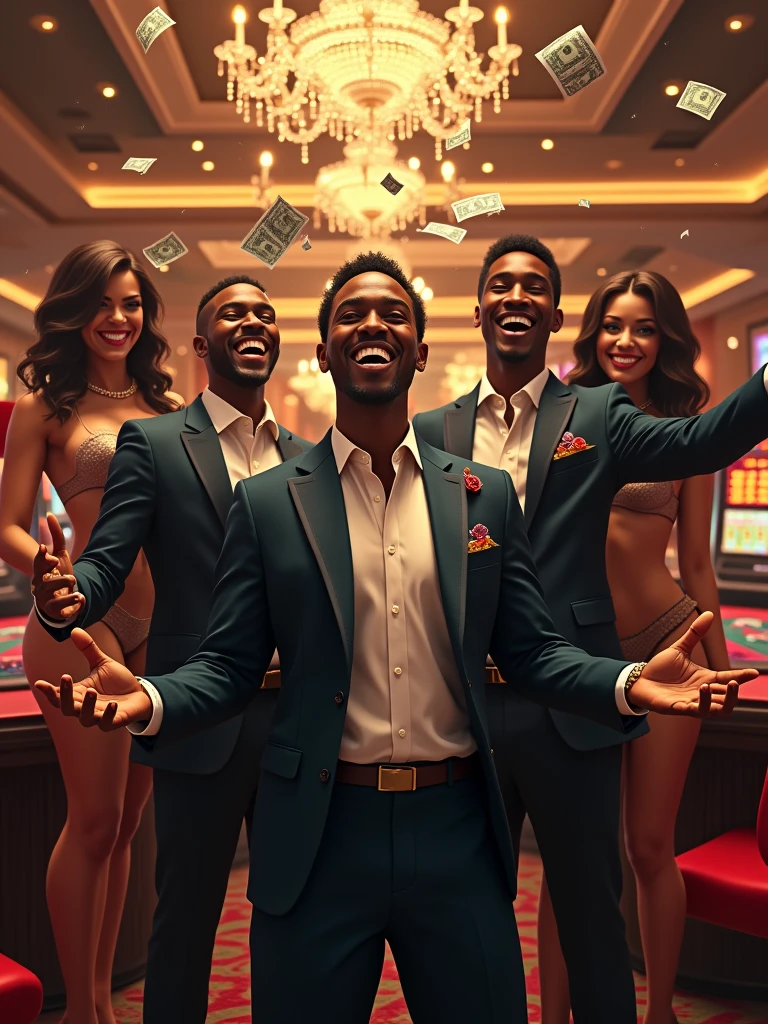 well dressed black men, happy, wearing jewelry and throwing money forward to the half-naked women in the casino, all with perfect hands