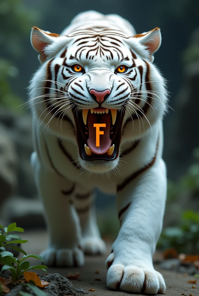 white tiger with the letters (JFC) between your teeth the typography that relates to the environment 