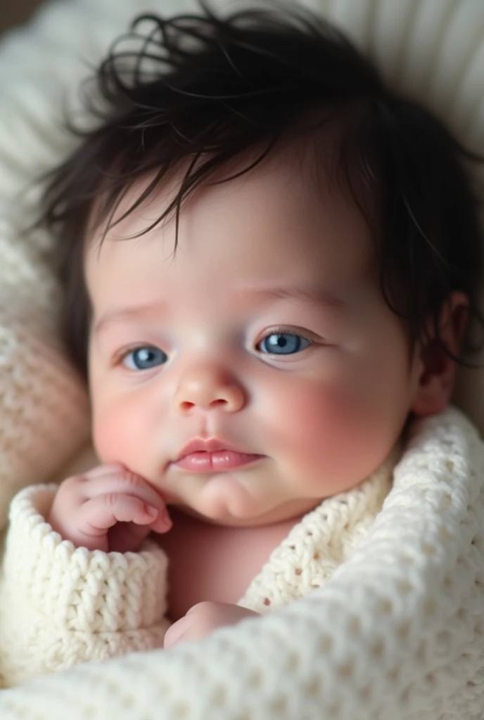 Newborn baby with white skin ,rosy cheeks bright blue eyes round little nose thick black hair