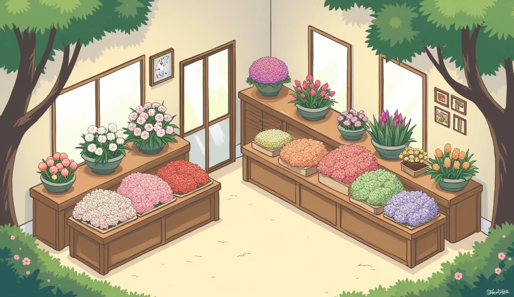 (masterpiece:1.2, Highest quality,Ultra-high resolution,Super detailed),8k,(wallpaper),(Best illustrations:2.0),(chibi flower store : 2.0),(flower store,Very simple design),(isometric illustration) lofi, cozy, Studio ghibli style ,pastel tones, landscape