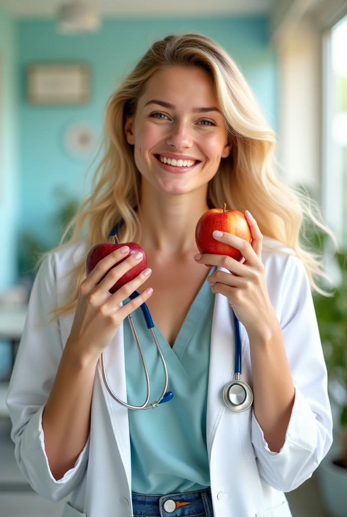 Blonde woman holding apple and with stethoscope happy nutritionist day 