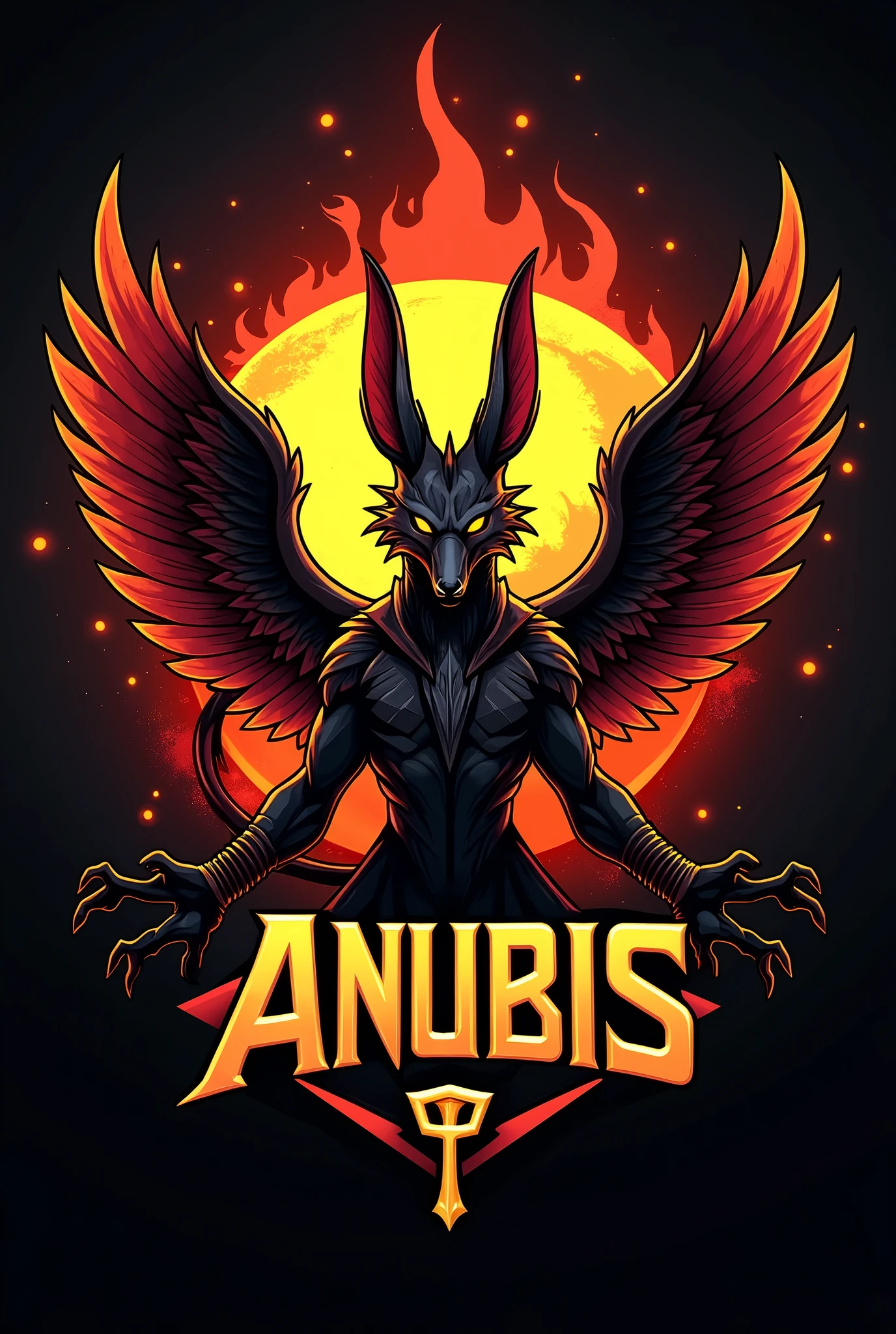 ((best qualityer)), ((work of art)), (detailded), create a gamer logo with the character egyptian god anubis, The logo must have a coat of arms with the character in front of the front bust, e o nome escrito ANUB☥S a letra i te que ser substituidada pela Cruz de Ansata ☥, Anubis has to be on fire epic dragon gamer style., and anubis has to look bad