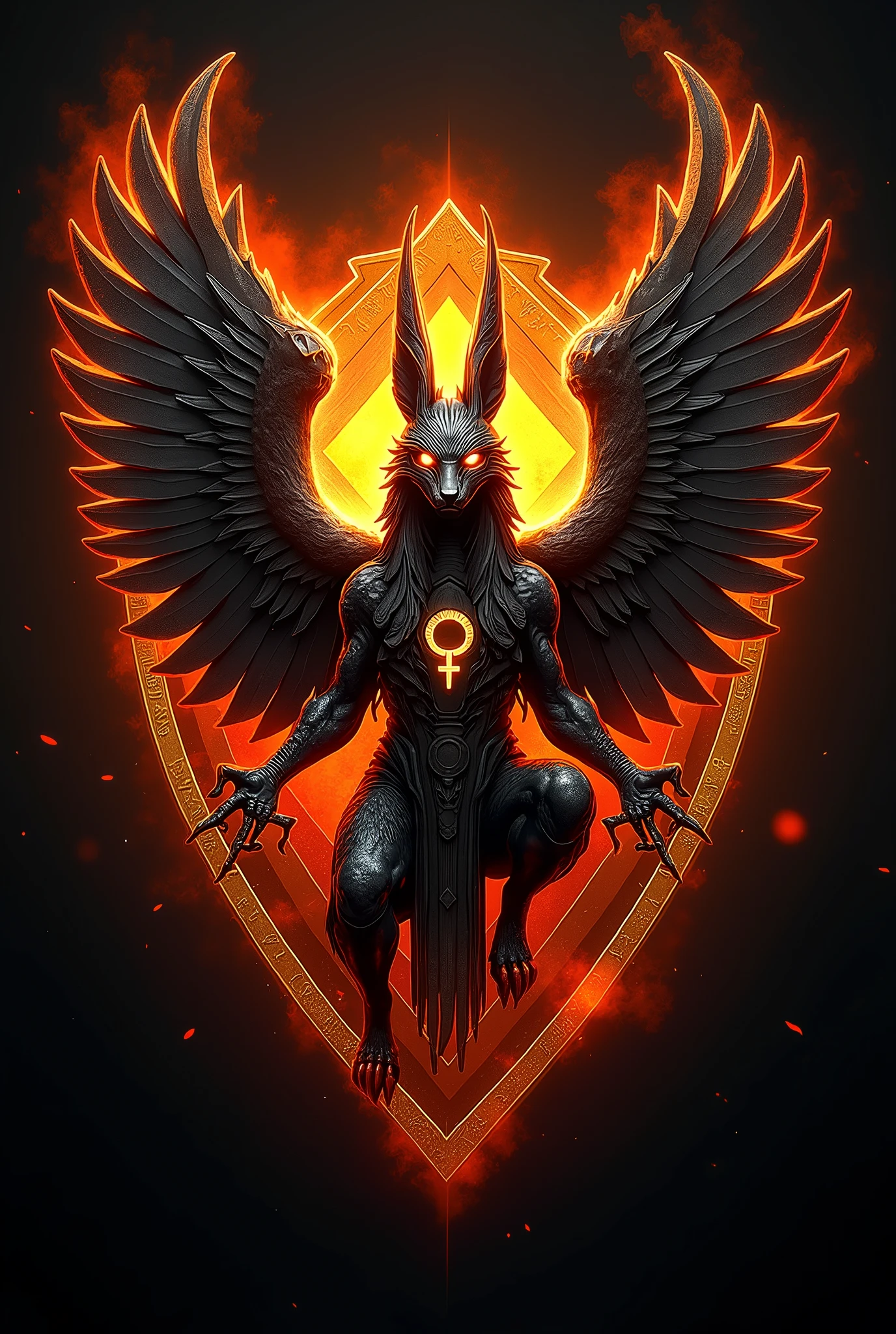 ((best qualityer)), ((work of art)), (detailded), create a gamer logo with the character egyptian god anubis, The logo must have a coat of arms with the character in front of the front bust, e o nome escrito ANUB☥S a letra i te que ser substituidada pela Cruz de Ansata ☥, Anubis has to be on fire epic gamer style with wings and dragon style, and anubis has to look bad, the colors have to be gold, black and red