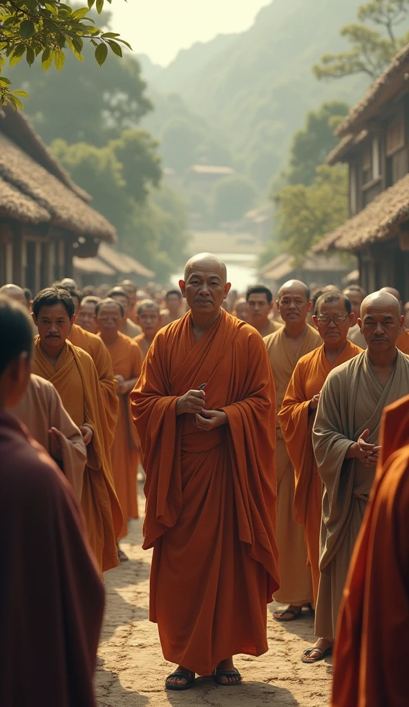 Gautam Buddha, dressed in traditional robes, arrives in a peaceful village with his disciples following closely behind.