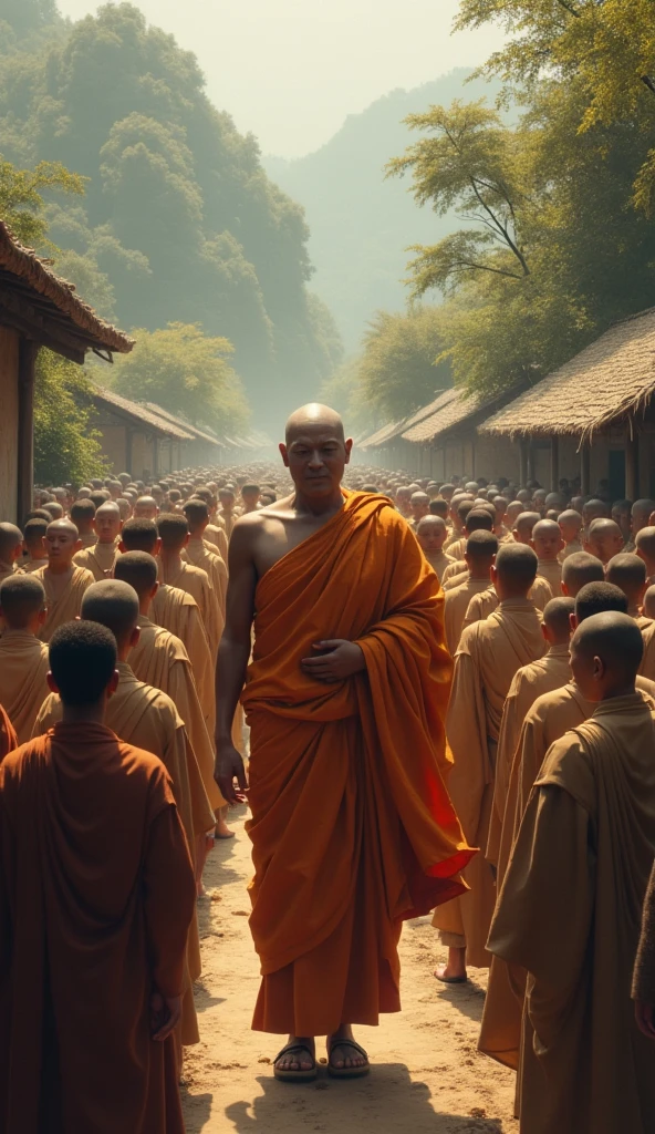 Gautam Buddha, dressed in traditional robes, arrives in a peaceful village with his disciples following closely behind.