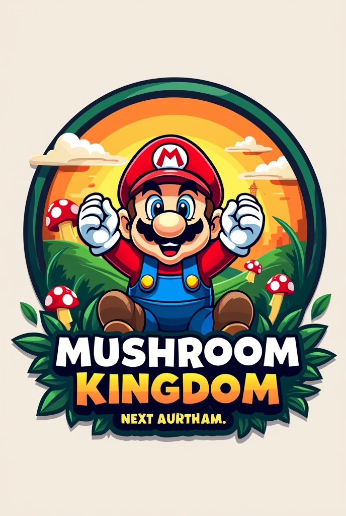 Logo for a Mario Bross gamer restaurant with the name of "mushroom kingdom"