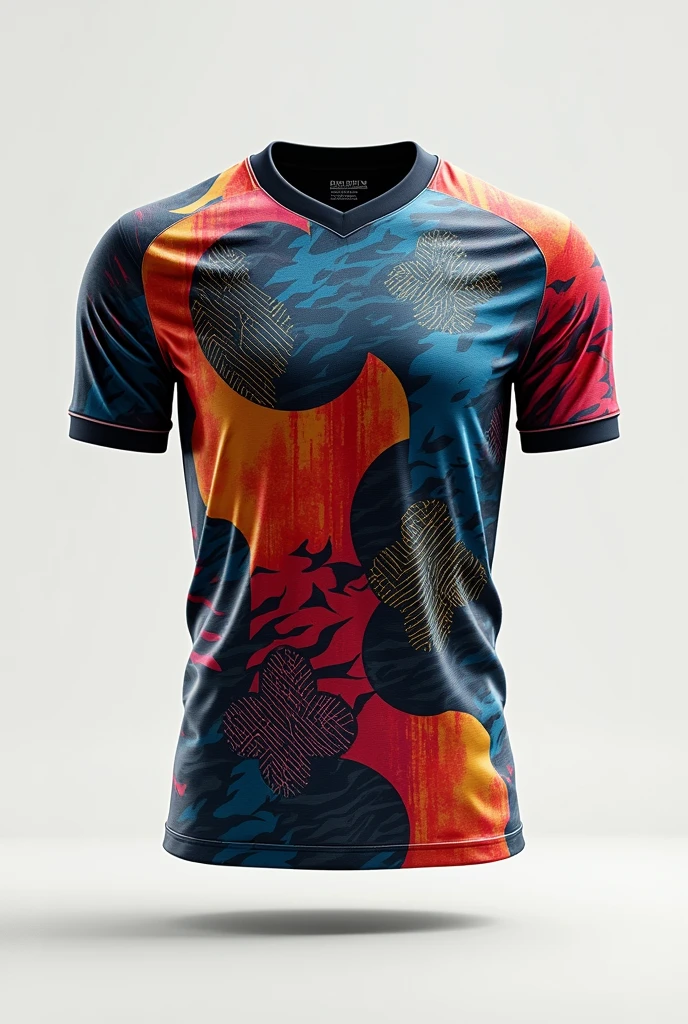 A football jersey with Unique patterns, From front, attractive, no logos, no texts, no human, only jersey