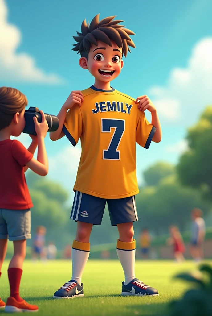 Boy posing with his shirt with number 7 and name jemily while a girl takes a photo of him