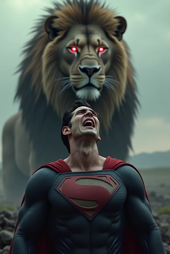 A crying superman and behind him a giant lion with red eyes