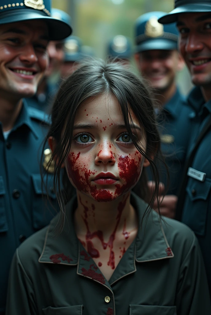 A girl who's face is smeared with blood and police are smiling towards her