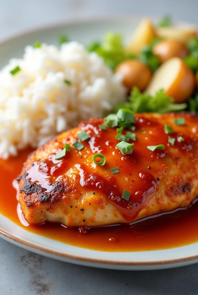 Plate with chicken breast with sweet and sour sauce, rice and potato salad