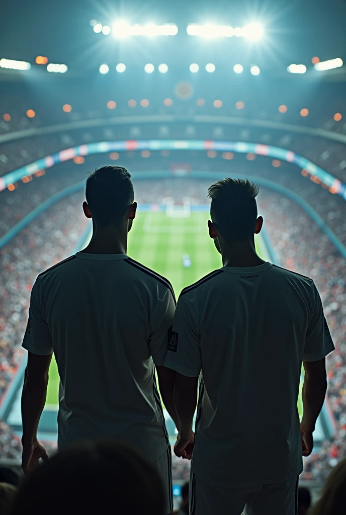 Cristaino ronaldo and leo messi together in top of  Santiago bernabeu stadium🏟 with the poster of footyfantastic in her hands
