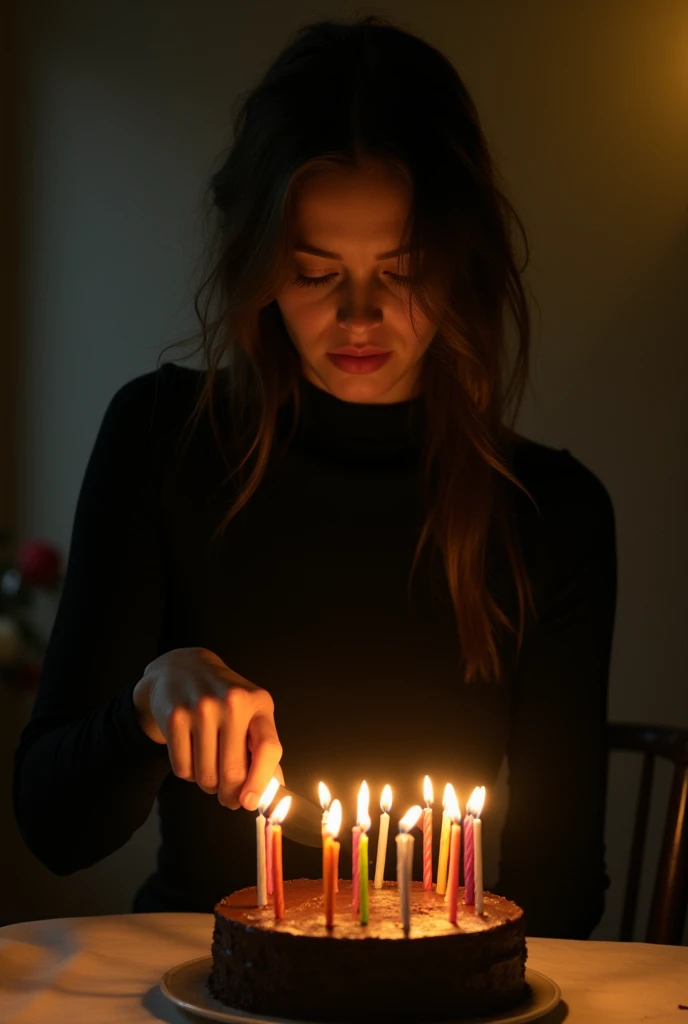 The beautiful young women cut chocolate cake alone ( use knife ) on the cake 20 latter number candle and she's face full of sadness. and she waring black frock with full sleeve and covered nack dress she's in a dark room with some warm yellow light