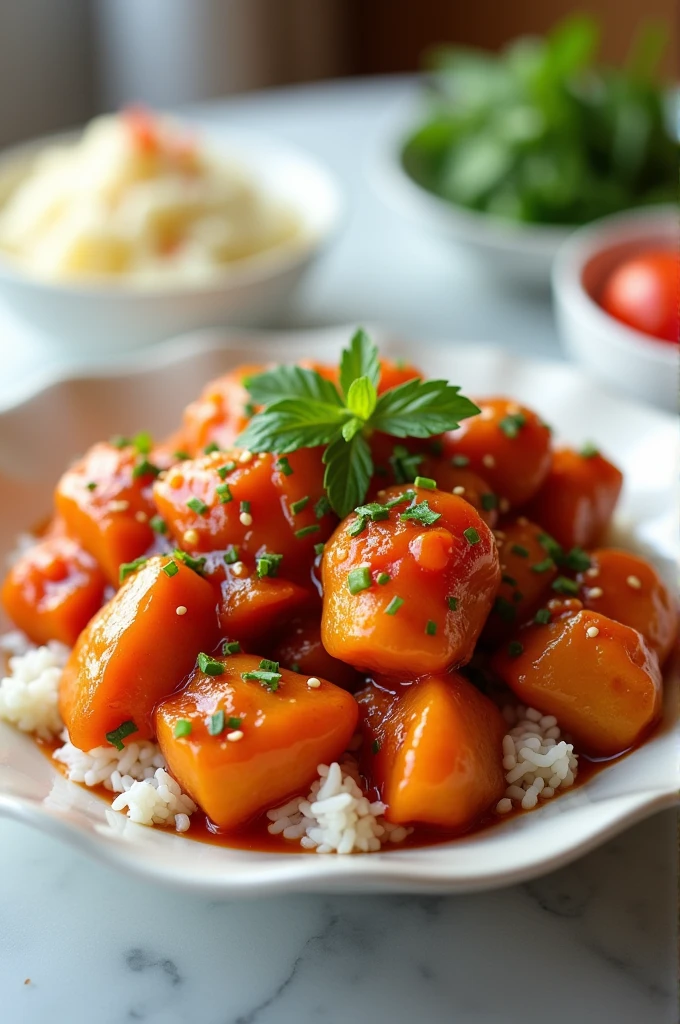 Chicken sweet and sour sauce, rice and potato salad