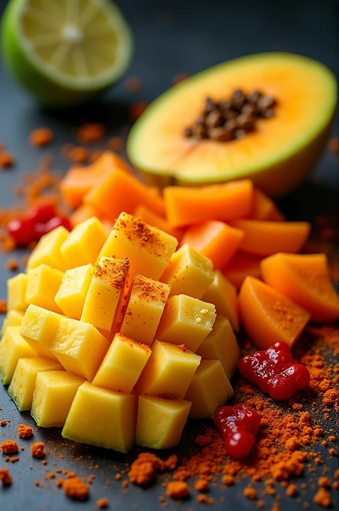 Chopped fruit with chili and lemon tajin