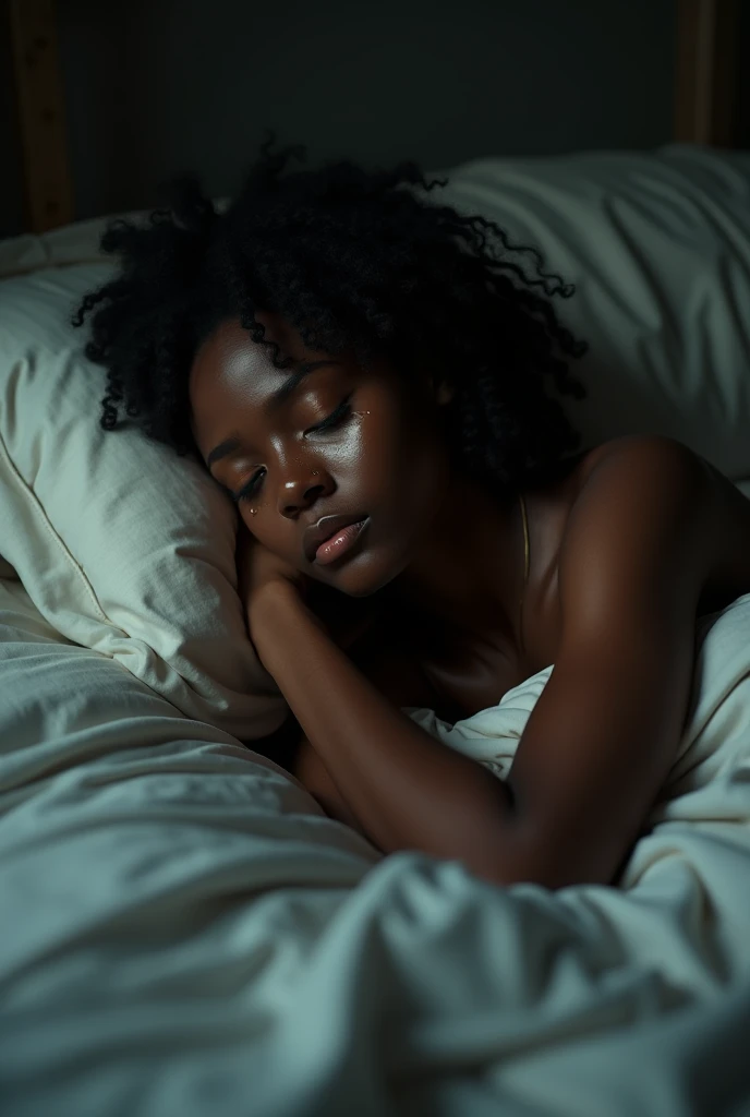 ,Generate an image of black beautiful lady laying in bed crying heavily