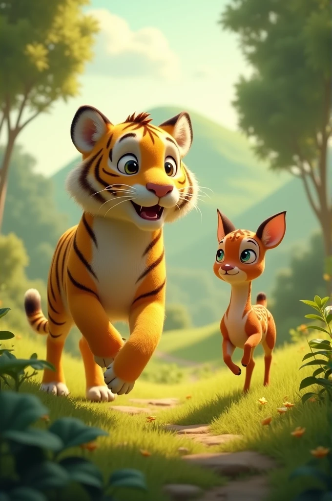 Video of Golden Tiger approaching Little Deer and saying:
Hey Little Deer, let's run! See who can reach the distant grassy hill faster.!
