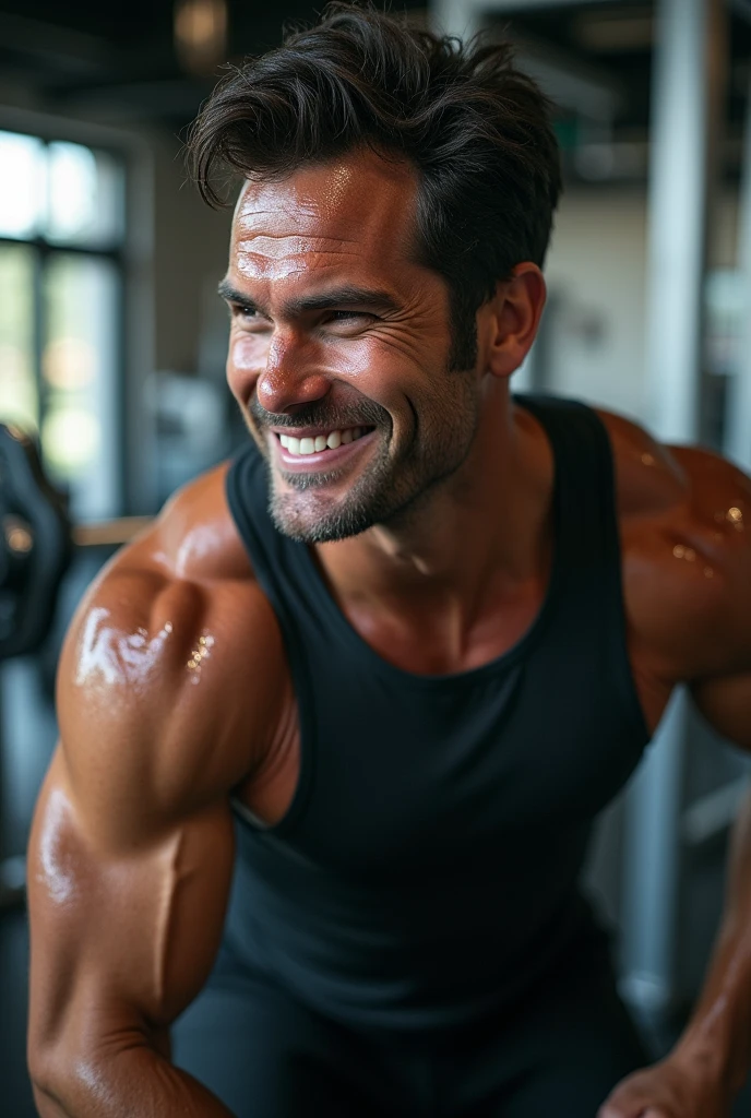 Henry Cavill at the gym, wearing compression gear looking happy, covered in sweat, in compression gear, tired, panting