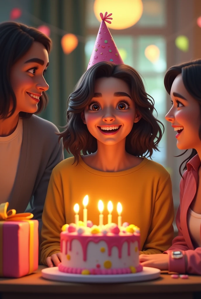 Happy birthday my friend " anna",cake and gift, have four people in birthday praty,