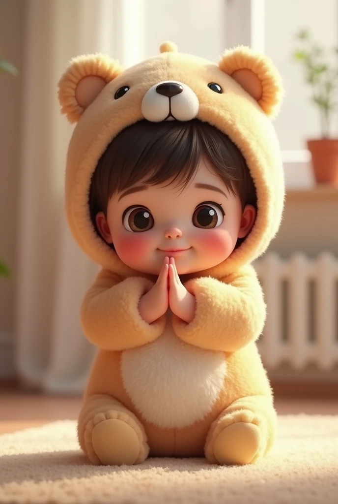 (girl),(()) ,3d images ,Highest quality 8K ,Chubby body shape,((Very fat)),Pink cheeks,podgy,Good mood,((I bow down to you.)),((Put your hands together)),((Big eyes)),Put on a stuffed animal costume,Balanced lighting,blurred background,Middle of the picture
