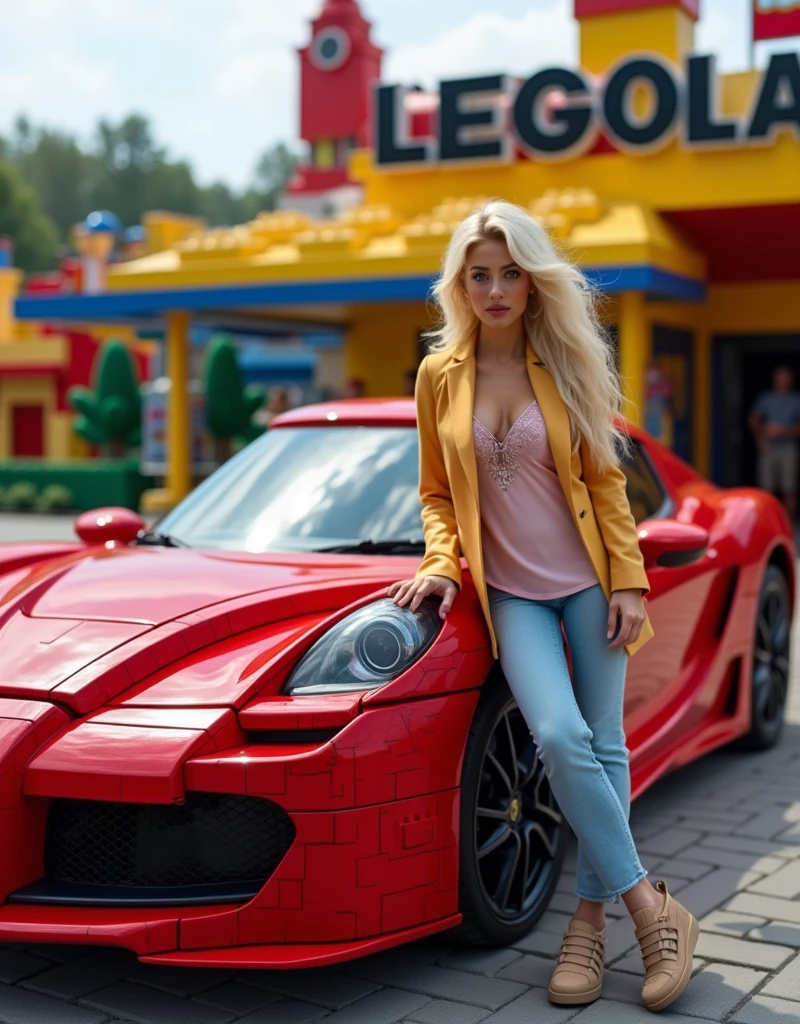 hyperealistic photo A full body shot of an attractive blonde woman leaning on a Lego Ferrari. There is also a Lego man standing next to them in front of the Legoland Günzburg, designed in the style of LEGO. detailed face and eyes, The full-body shot was Realistic, detailed. ultra-realistic photograph captured, high-resolution quality ,detailed face, 8k