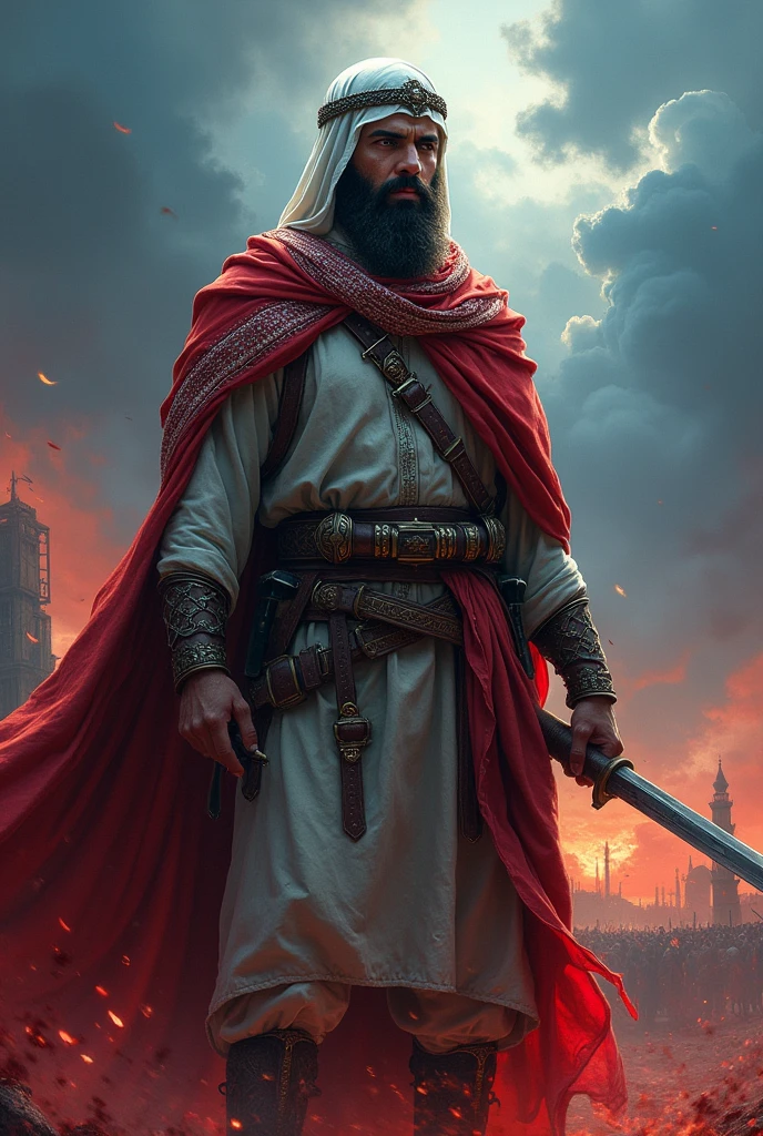 mola abbas islamic with blue and bloady sky background with warior cloth and some war seen with with beard