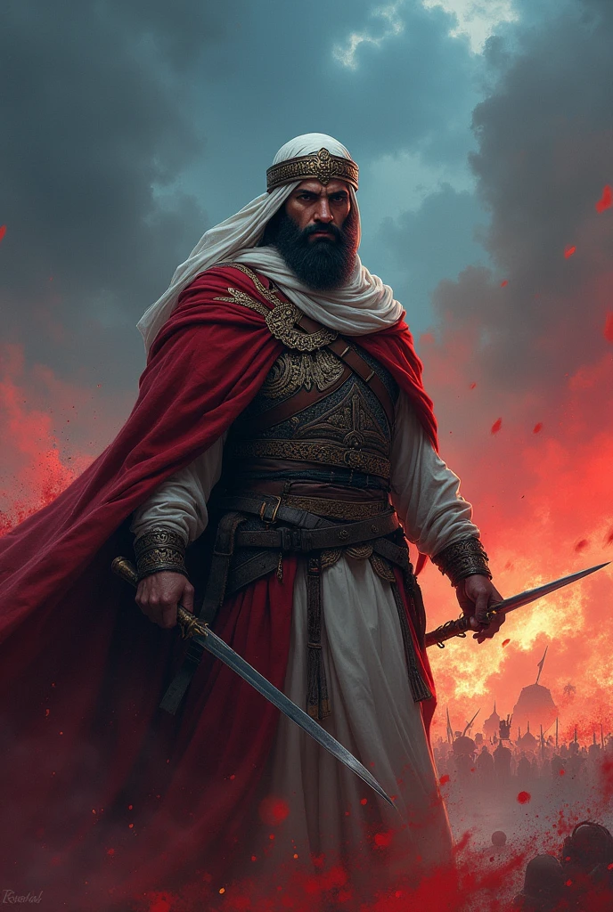 mola abbas islamic with blue and bloady sky background with warior cloth and some war seen with with beard