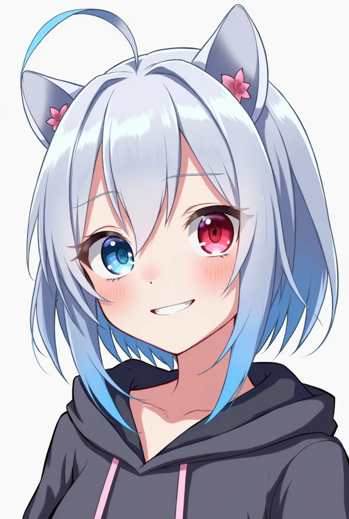 High resolution, Shortcuts, Silver Hair, Odd Eye, Simple Background, Anime Style, blue eyes, Red eyes, Hood worn, Smiling with teeth showing,