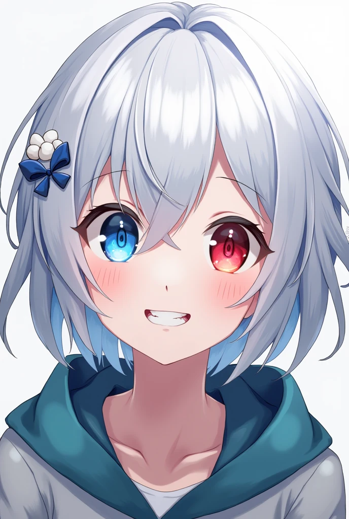 High resolution, Shortcuts, Silver Hair, Odd Eye, Simple Background,  Anime Style, blue eyes, Red eyes, Hood worn, Smiling with teeth showing, 