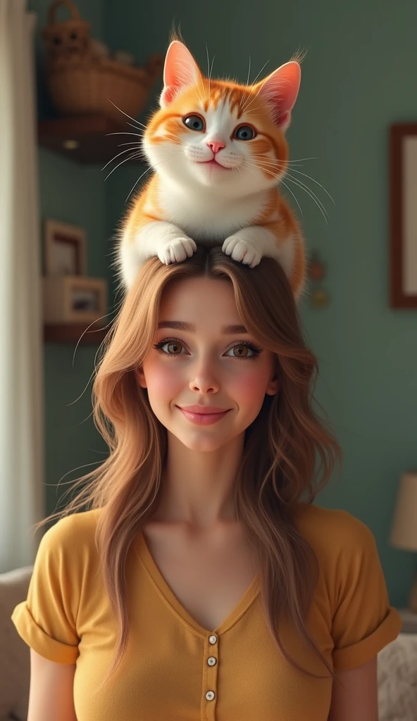 3d、Ultra HD、Front view、Digital Art、A smiling cat is sitting on a woman&#39;s head in her house、Real woman