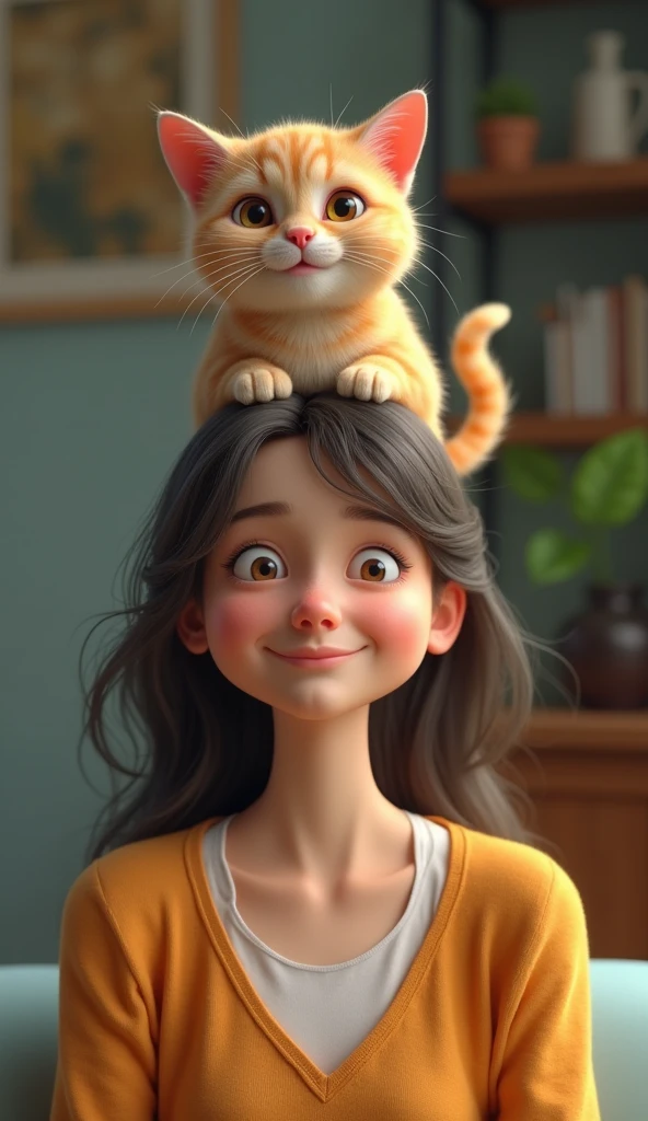 3d、Ultra HD、Front view、Digital Art、A smiling cat is sitting on a woman's head in her house、Real woman