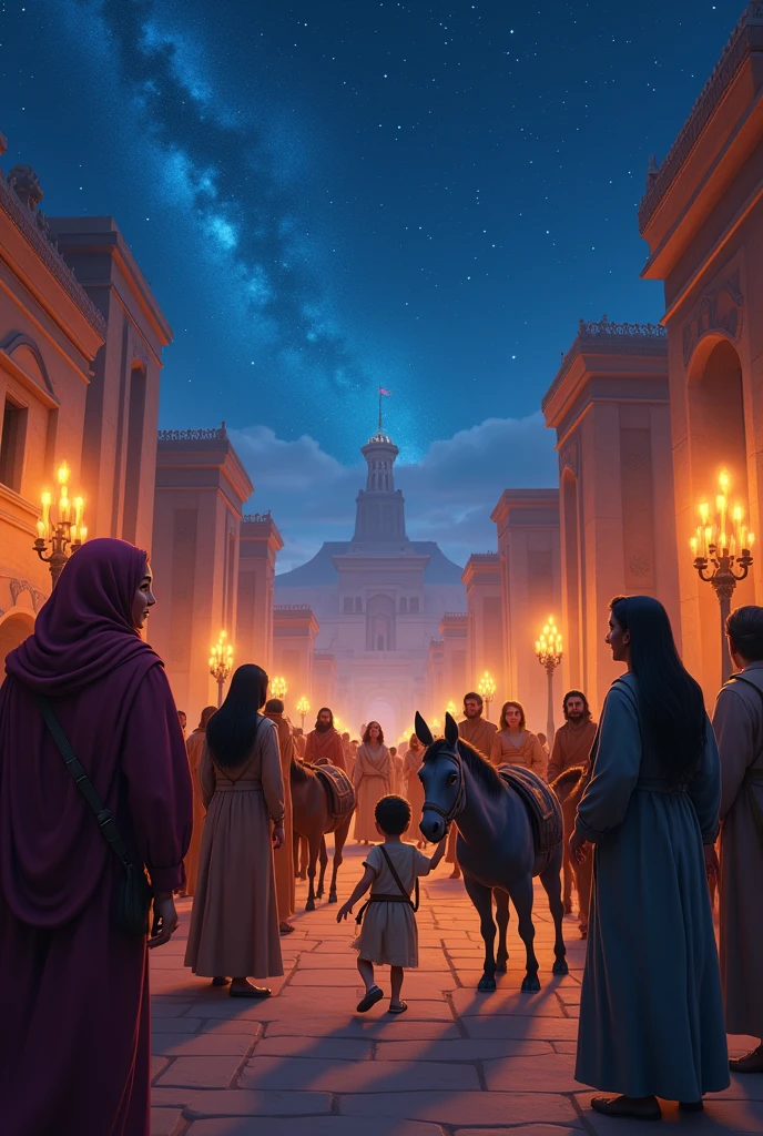 Hebrews with women donkeys and children in the streets of ancient Egypt on a starry night preparing to leave Pixar 3D Disney style