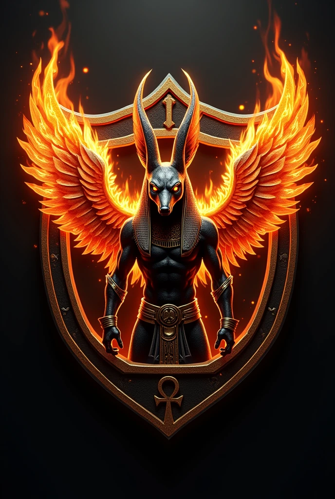 ((best qualityer)), ((work of art)), (detailded), create a gamer logo with the character egyptian god anubis, The logo must have a coat of arms with the character in front of the front bust, e o nome escrito ANUB☥S a letra i te que ser substituidada pela Cruz de Ansata ☥, Anubis has to be on fire epic gamer style with wings and dragon style, and anubis has to look bad, the colors have to be gold, black and red, don't forget to insert the name ANUBIS