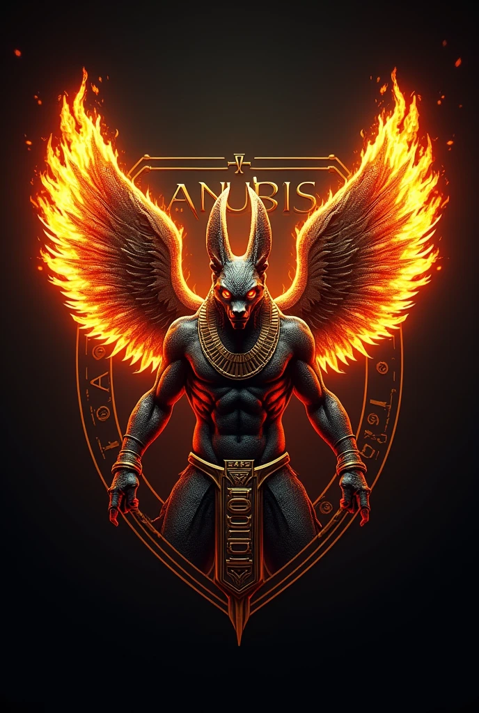 ((best qualityer)), ((work of art)), (detailded), create a gamer logo with the character egyptian god anubis, The logo must have a coat of arms with the character in front of the front bust, e o nome escrito ANUB☥S a letra i te que ser substituidada pela Cruz de Ansata ☥, Anubis has to be on fire epic gamer style with wings and dragon style, and anubis has to look bad, the colors have to be gold, black and red, don't forget to insert the name ANUBIS
