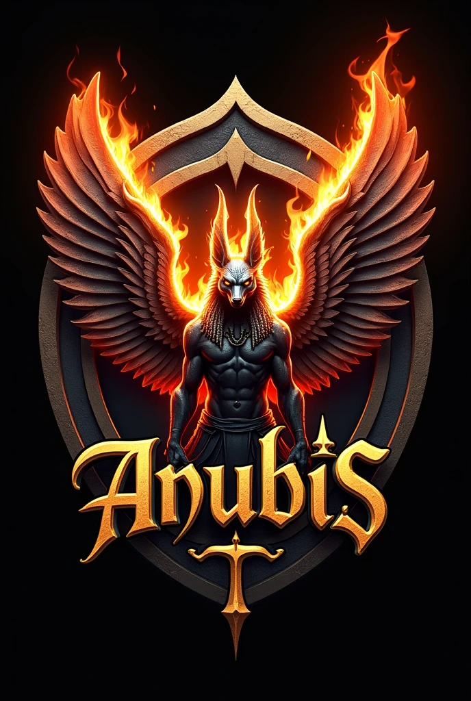 ((best qualityer)), ((work of art)), (detailded), create a gamer logo with the character egyptian god anubis, The logo must have a coat of arms with the character in front of the front bust, e o nome escrito ANUB☥S a letra i te que ser substituidada pela Cruz de Ansata ☥, Anubis has to be on fire epic gamer style with wings and dragon style, and anubis has to look bad, the colors have to be gold, black and red, don&#39;t forget to insert the name ANUBIS