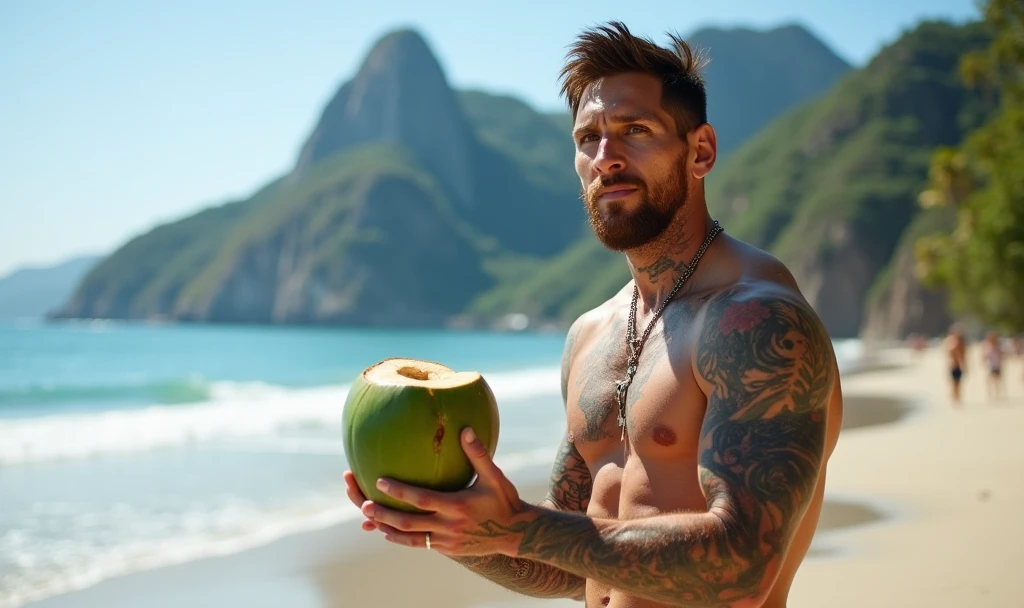 lionel messi, casual outfit, holding small opened green coconut at beach in rio de janeiro, cristo redentor background, tattoos