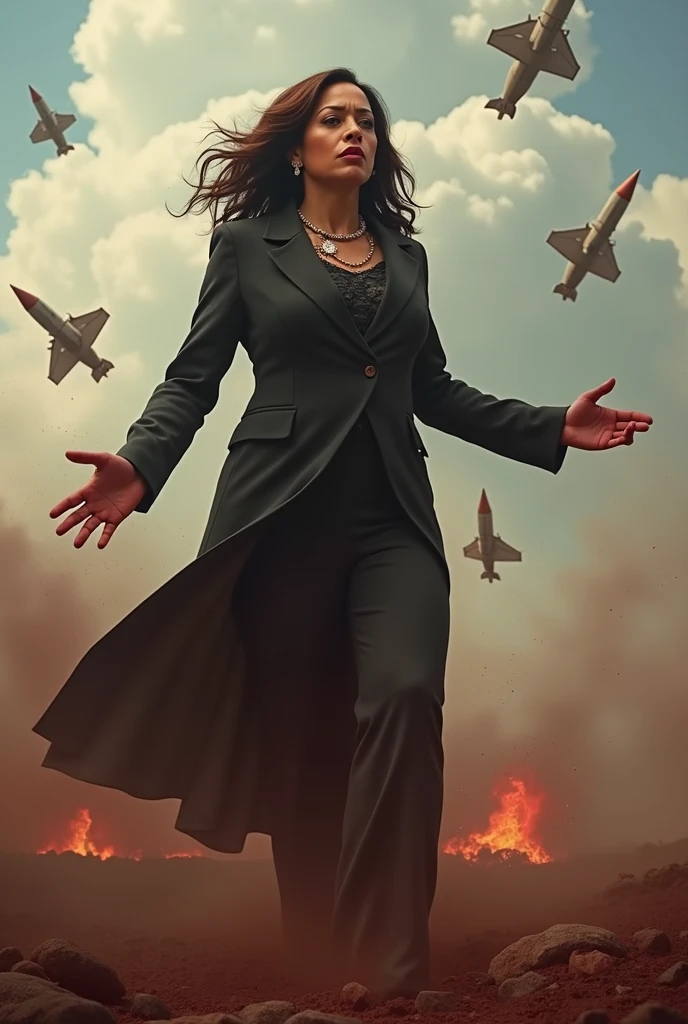 Kamala Harris dropping bombs on a defenseless population from the sky, looking like a Jewish monster and massacred people, with blood on her hands