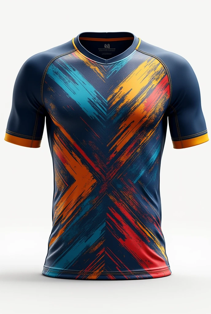 A football jersey with Unique patterns, From front, attractive, no logos, no texts, no human, only jersey