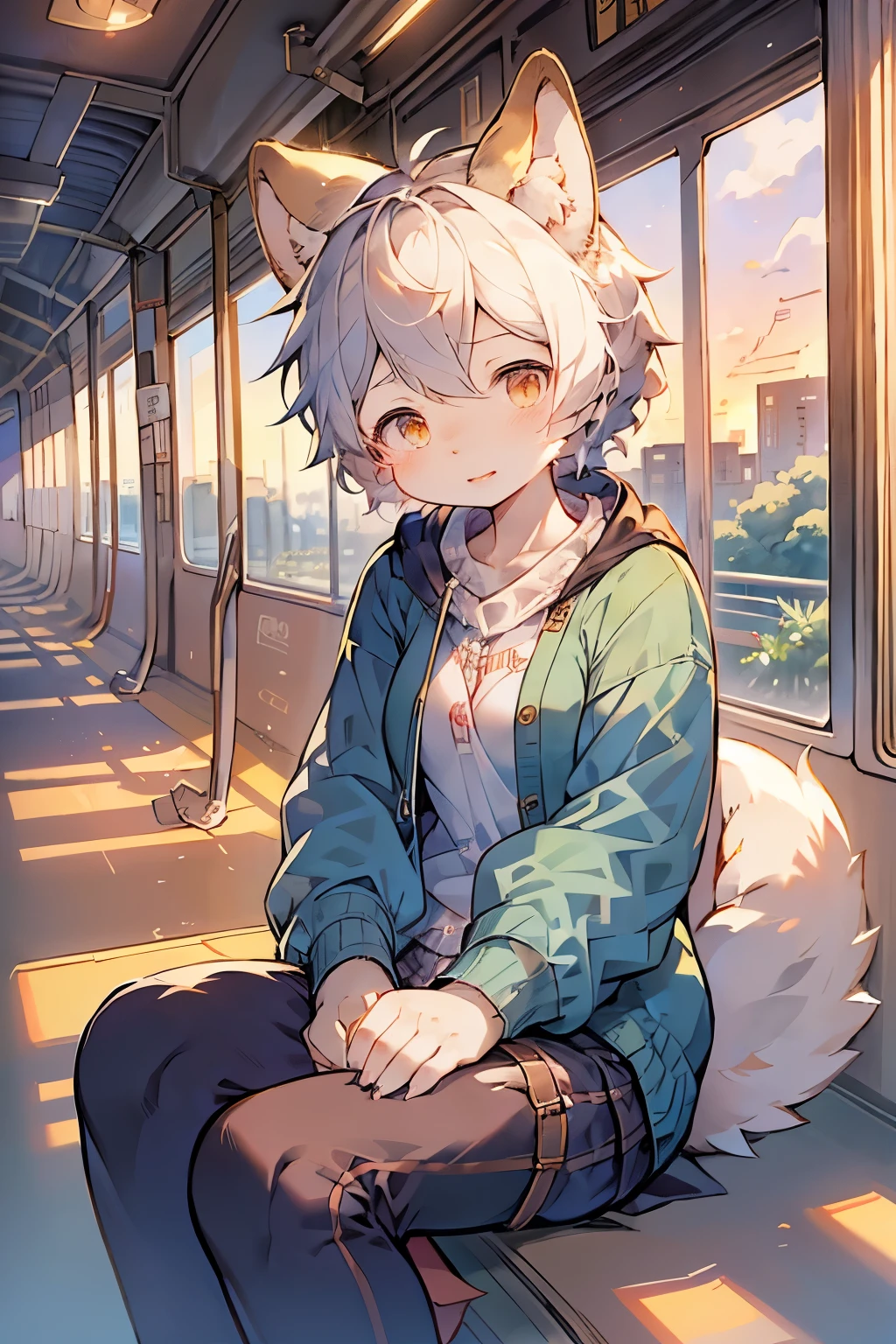 Anime girl sitting on the train and looking out the window, Beautiful anime portrait, Portrait of Lofy at a window, Beautiful anime girl, Portrait of Lofy, Lo-Fi Girl, Portrait Anime Girl, guweiz style artwork, High quality portrait, As the sunset, Charming anime girl, Cute anime girl, Realistic cute girl, Anime style. 8K