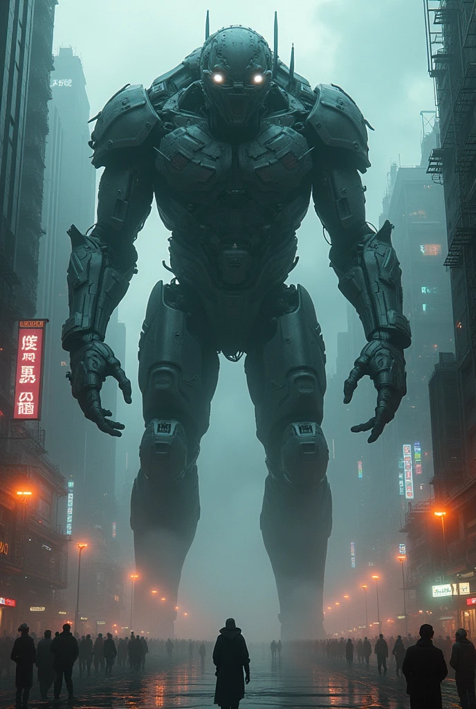 Dark cyberpunk scene with a giant half robot augmented extraterrestrial life form
